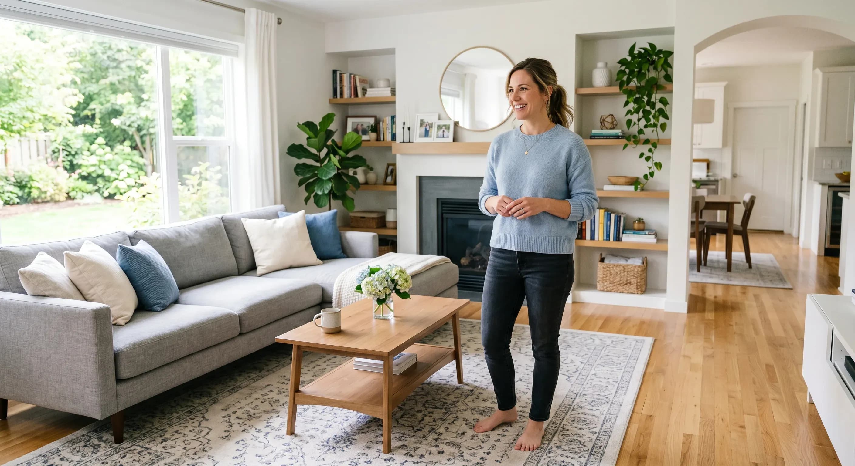 Woman smiling and standing in clean living room